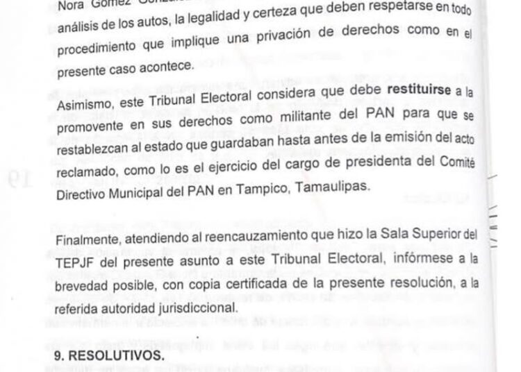 Restituye Tribunal Electoral Derechos Partidistas y Presidencia del PAN Tampico a Nora Gómez