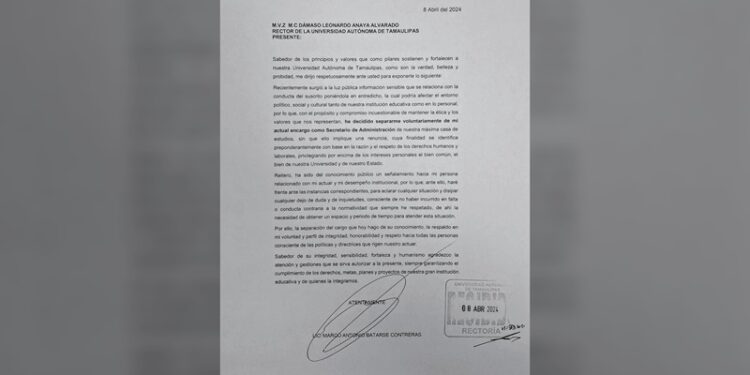 Marco Batarse Contreras se separa del cargo como secretario de administración en la UAT