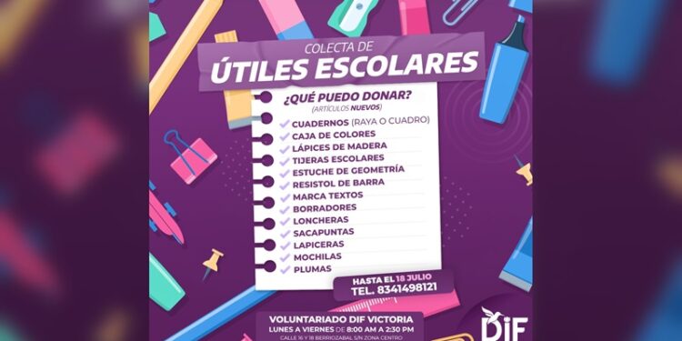 Invita DIF Victoria a la donación de útiles escolares para niñas y niños ensituación vulnerable