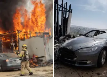 Quiso cargar su Tesla de poste y termina incendiando casa