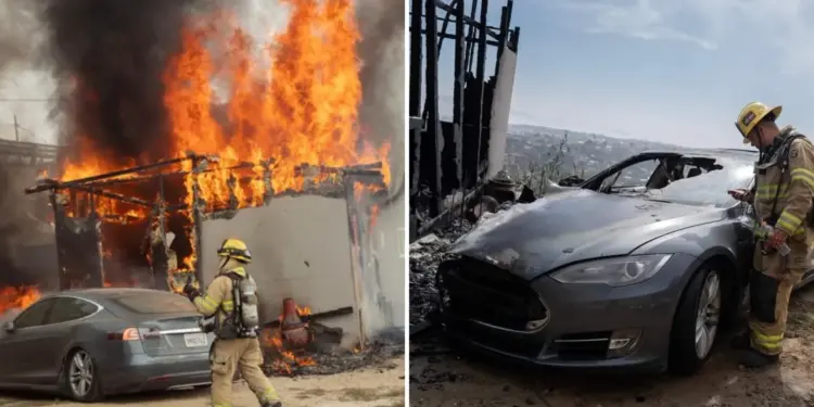Quiso cargar su Tesla de poste y termina incendiando casa