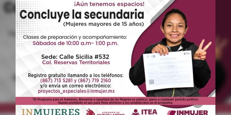 Mantiene INMUJER convocatoria abierta de educación secundaria para mujeres mayores de 15 años