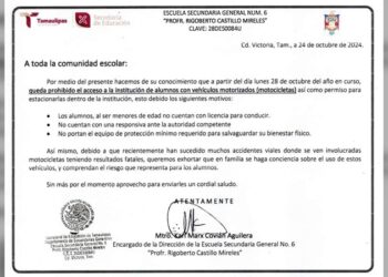 Prohíben acceso en motocicleta a alumnos de la Sec. Gral. N° 6 de Victoria