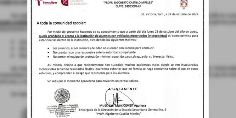 Prohíben acceso en motocicleta a alumnos de la Sec. Gral. N° 6 de Victoria