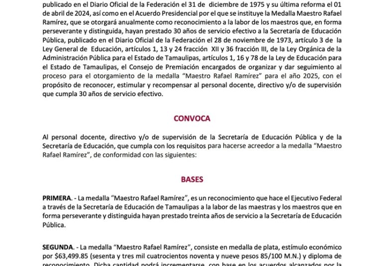 Convocan a docentes de Tamaulipas a recibir la medalla “Maestro Rafael Ramírez” 2025