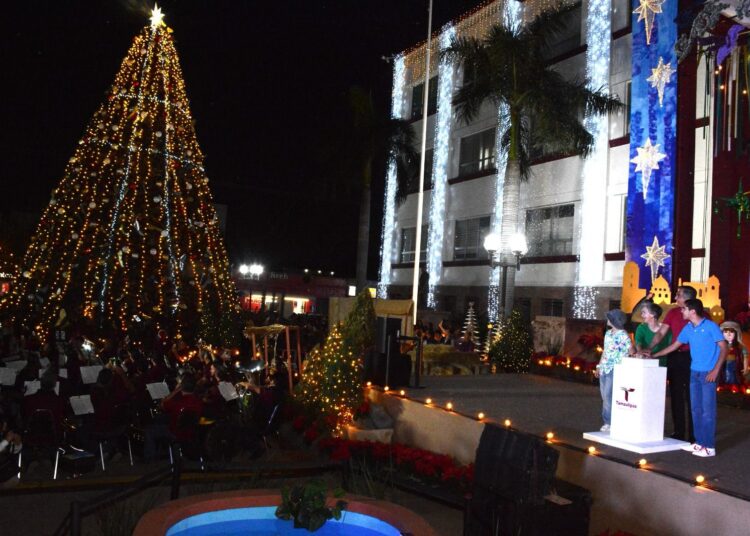 Américo y María encienden monumental pino navideño