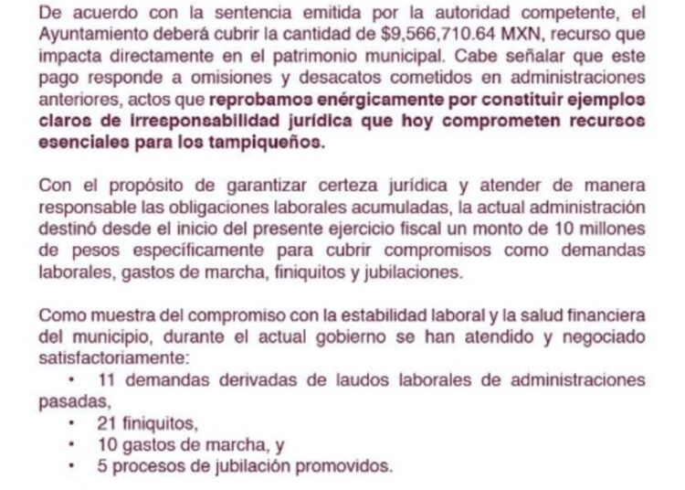 Tampico pagará 9.5 MDP por laudos laborales