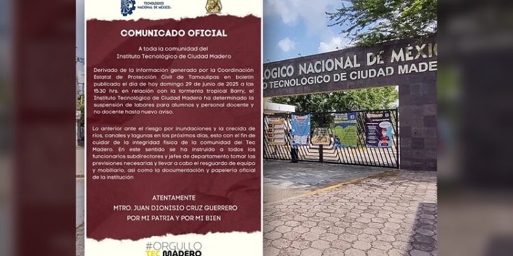 Tec Madero suspende labores ante amenaza de la tormenta tropical Barry