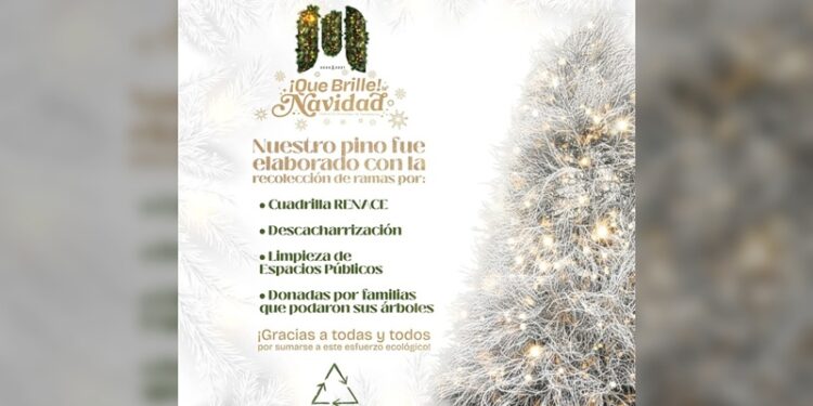 Pino navideño elaborado con material reciclado en Matamoros