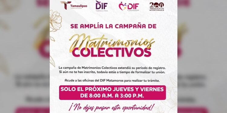 Amplía DIF Matamoros periodo de registro para la ‘Campaña de Matrimonios Colectivos’